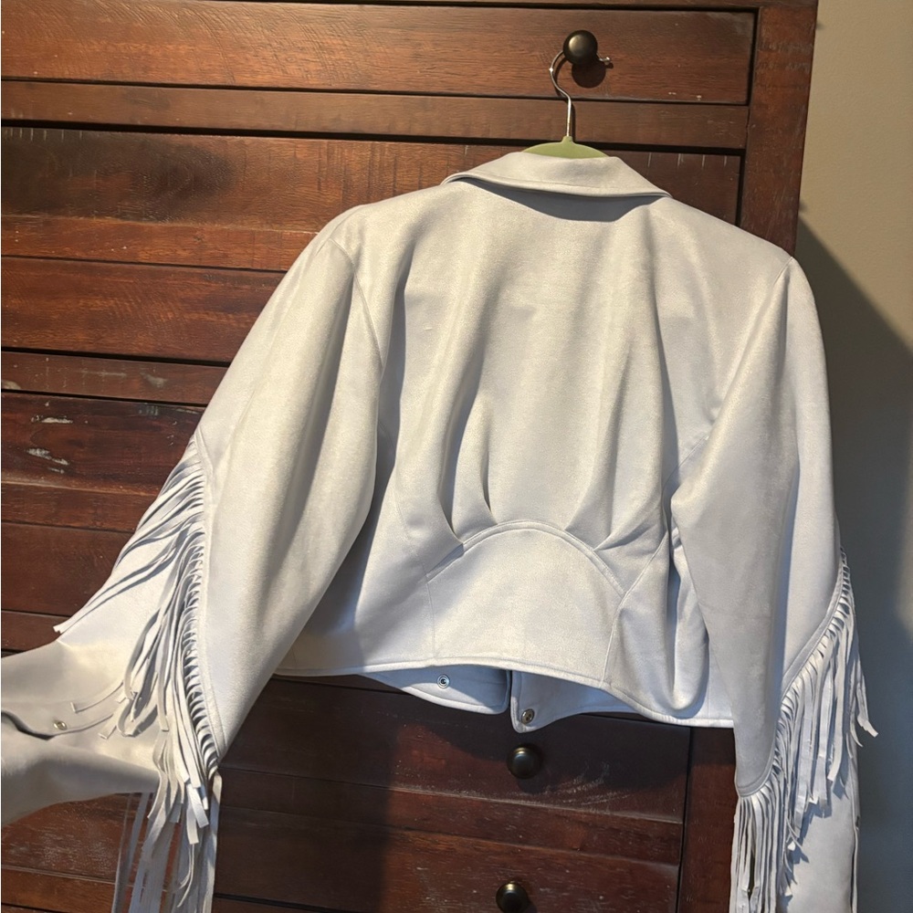 Pilcro Faux Suede Fringe Moto Jacket Wedgewood Blue Sz M - very Lt Blue NWT - Picture 15 of 15